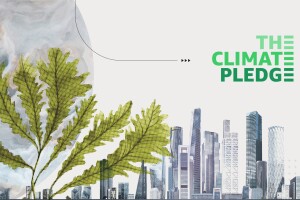 A city with tall buildings is the right backdrop of the image with The Climate Pledge in green font above it. To the left is green plant coming out from the city as tall as its buildings. To the left and behind the plant is a gray-toned drawing of the Earth. 