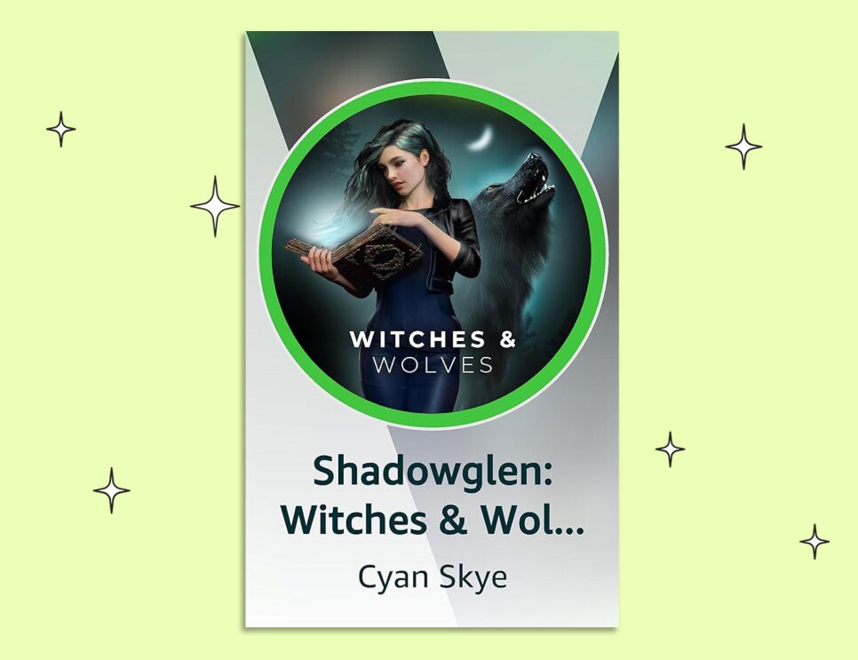 An image of a book cover of 'Shadowglen: Witches & Wolves' with a yellow background.