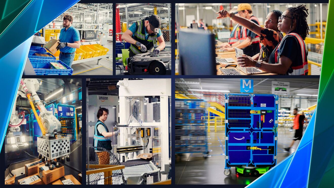 Images of Amazon employees working with robots at an Amazon fulfillment center in Shreveport, Louisiana.