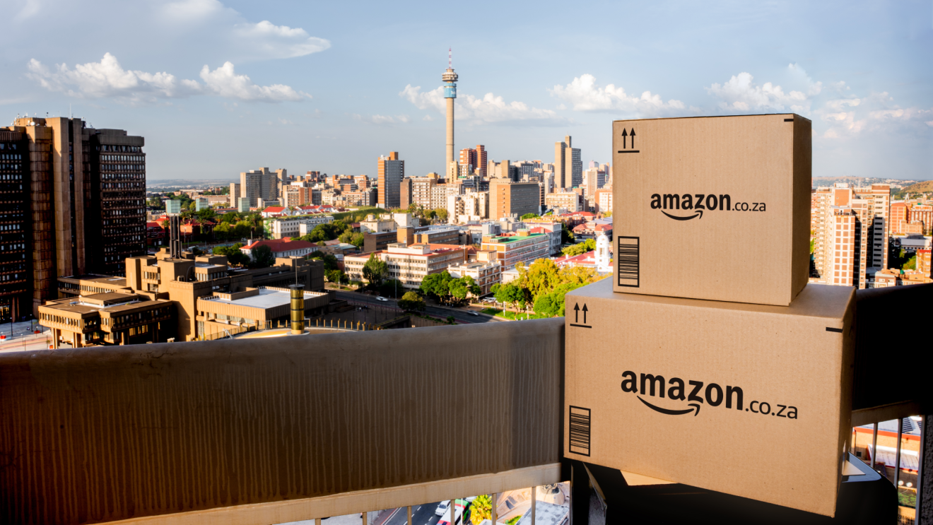 Amazon boxes stacked outside in South Africa