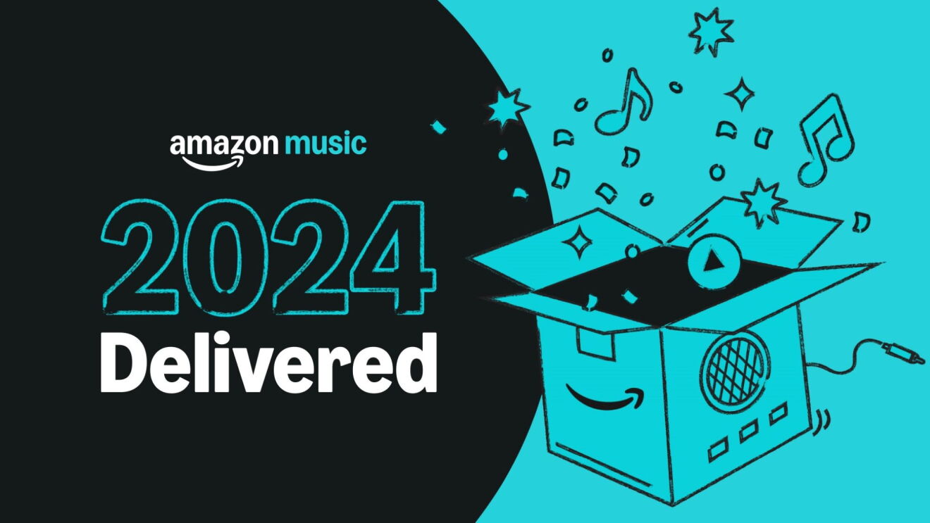 Graphic of stylized box emitting music notes for Amazon Music 2024 Delivered