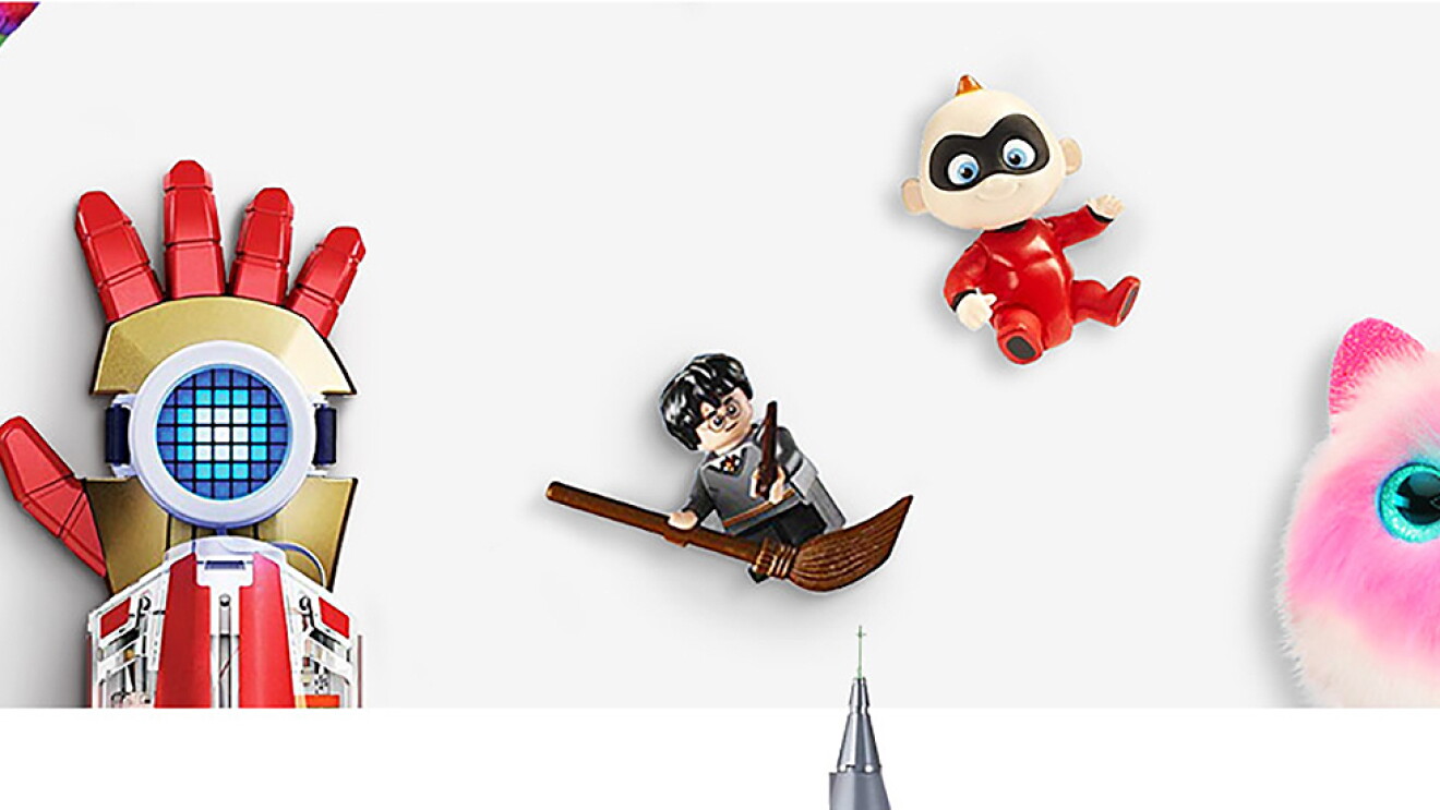 Image of toys including a dinosaur leg, Iron Man glove, Harry Potter LEGO character, Jack-jack from The Incredibles, LOL Surprise doll and a Pomsies pet