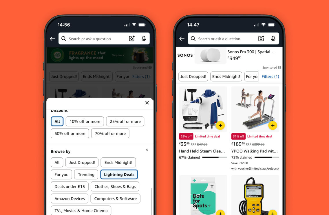 The Amazon app interface showing discount filters and product categories.