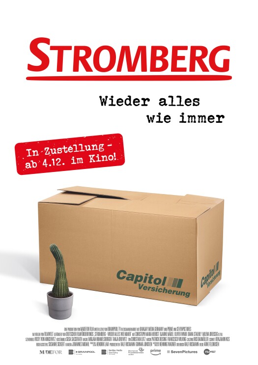 Ein Karton mit der Aufschrift Capitol Versicherung und dem Titel des neuen Strombgerg-Films: Stromberg - Wieder alles wie immer.