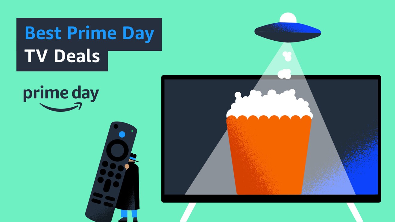 说明图像显示文本的“最佳电视'天交易”说'天标志之下。在你看到一个电视屏幕与爆米花在屏幕上。有一艘宇宙飞船在电视升降的爆米花桶。还有一个远程屏幕前,一个男人拿着它。