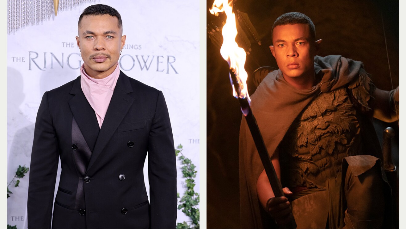 A split image showing the actor listed above on the red carpet for the Lord of the Rings: The Rings of Power premiere vs in full makeup and costume as their character in the show.