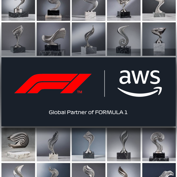 F1 and AWS logos in front of trophy designs.