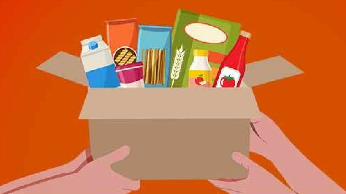 En letras blancas sobre fondo rojo: Colabora con la gran recogida de Alimendos. 29 de noviembre a 10 de diciembre. Debajo el logo también en blanco sobre fondo rojo de FESBAL. A la parte derecha está un dibujo de una caja de cartón llena de paquetes de comida y cuatro manos que agarran la caja.  
