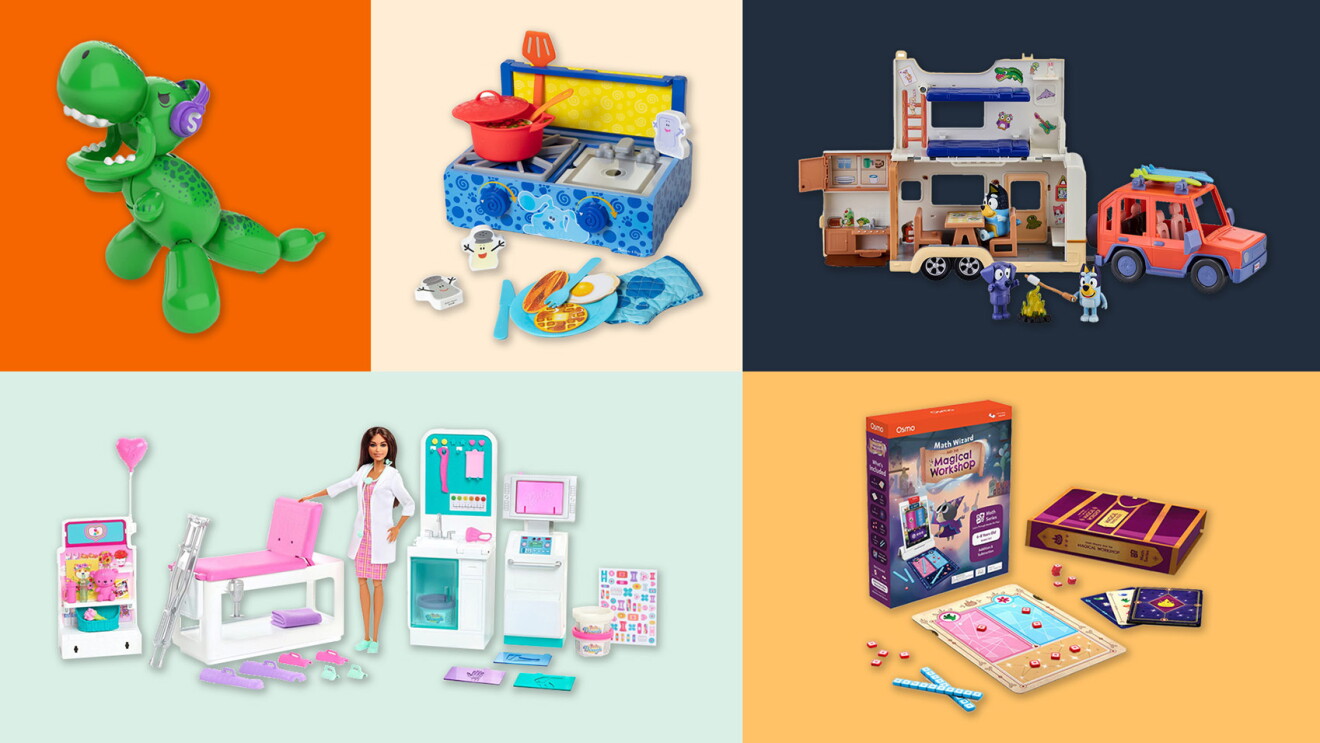 An image with multiple photos in multicolor backgrounds showing different toys. One is a balloon animal dinosaur, the other is a doctor barbie with an accompanying clinic, the other is a cooking set, another is a boardgame, and the last is a truck set with figurines.