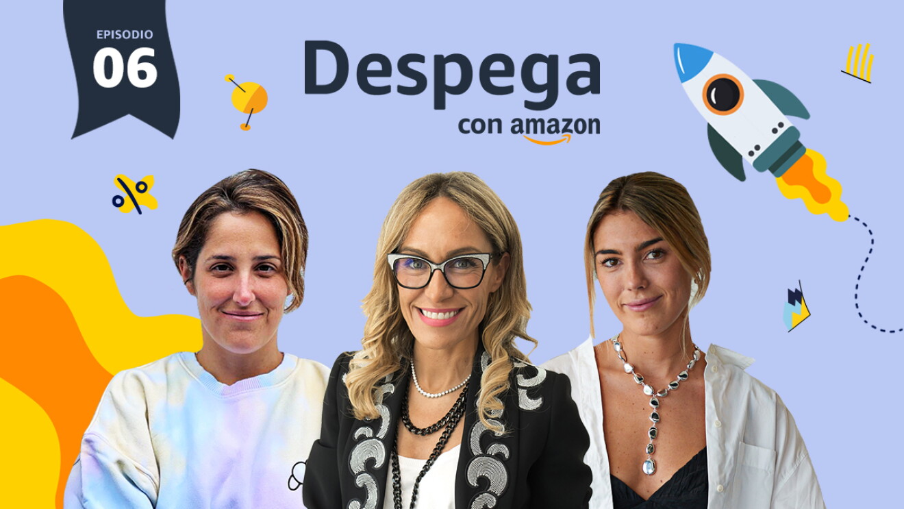 Poster del podcast Despega. En un fondo morado claro aparece una bandera con la letras y números Episodio 06. Después dibujos de un cohete que está despegando, satélites y unas olas de color amarillo y naranja. Además en letras azules Despega con Amazon con la sonrisa debajo de la palabras Amazon. De izquierda a derecha, Itziar Aragón, fundadora de Madreamiga. Viste una camiseta blanca, el pelo castaño recogido con un moño, un collar y piercings en las orejas. En el medio la presentadora Luján Argüelles con una gafas de color negro y blanco, dos collares de perlas, uno de perlas blancas y el orto de perlas negras. Una americana de color negro con una sanefa de color plateado y un jersei de punto blanco debajo.   A la derecha del todo, Anna Padilla, cofundadora de Noniná. Lleva el pelo castaño con mechas rubias recogido detrás. Un collar con piezas plateadas y largo hasta el pecho. Una camisa blanca abierta y debajo un jersey negro. 