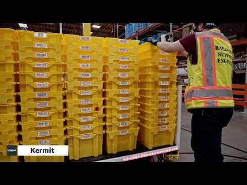 "Kermit" moves empty totes at an Amazon fulfillment center