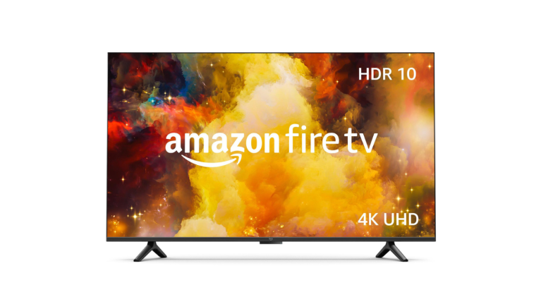 An image of a Fire TV  on a white background showing the Amazon logo and an orange screen.