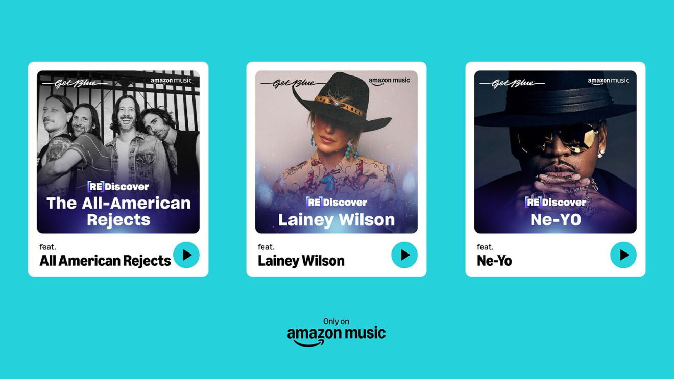 Amazon Music promotional cards showcasing artist playlists for All-American Rejects, Lainey Wilson in cowboy hat, and Ne-Yo in sunglasses