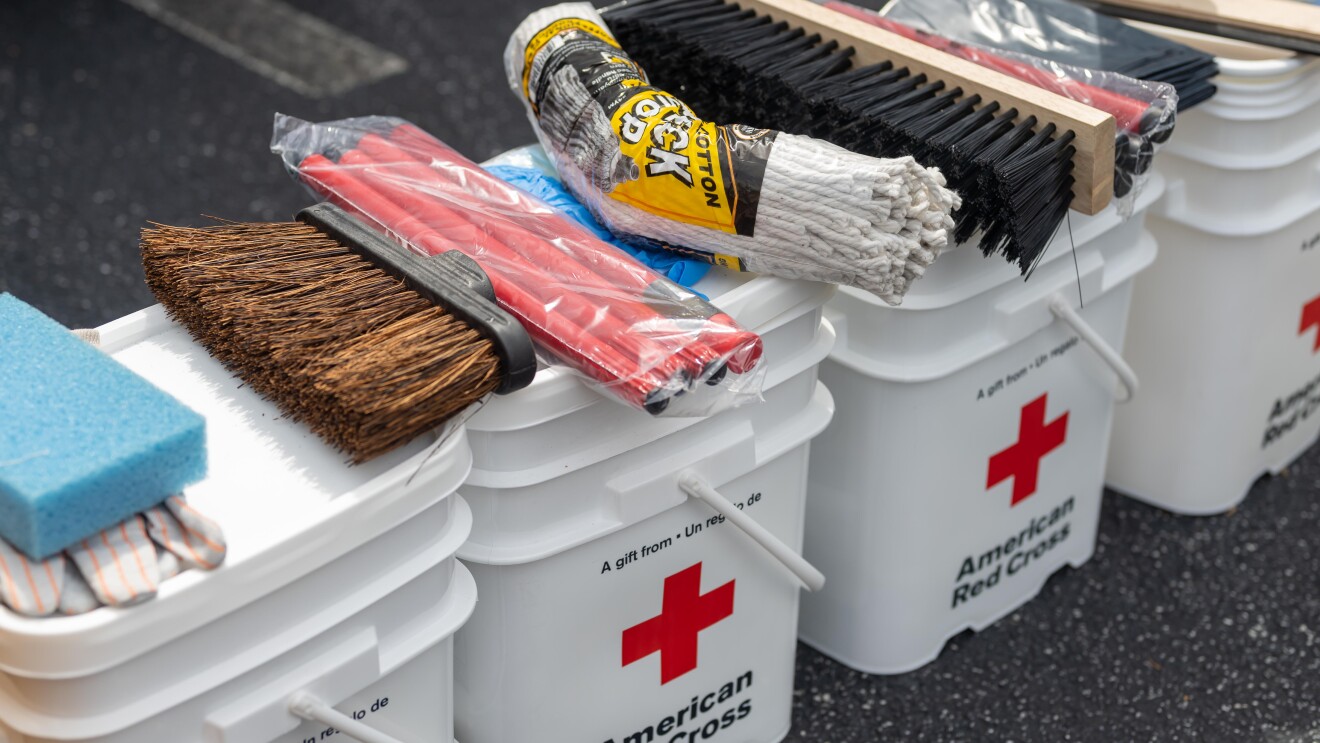 American Red Cross buckets with cleaning supplies for disaster relief