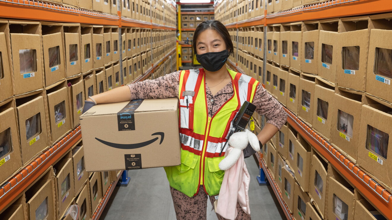 Associate wearing her PJs for Amazon Goes Gold