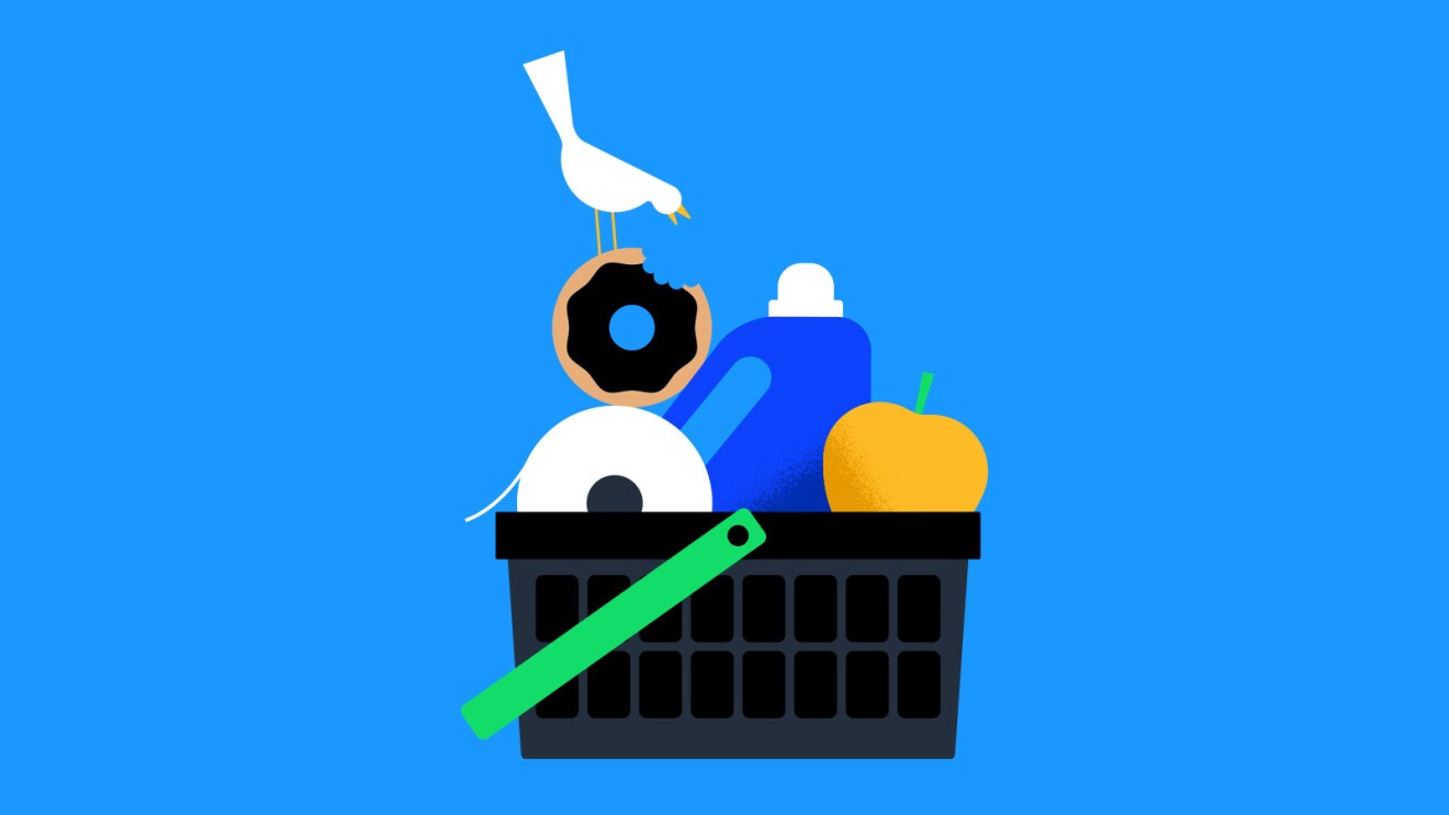 An illustrated image of a basket with several grocery items in it.