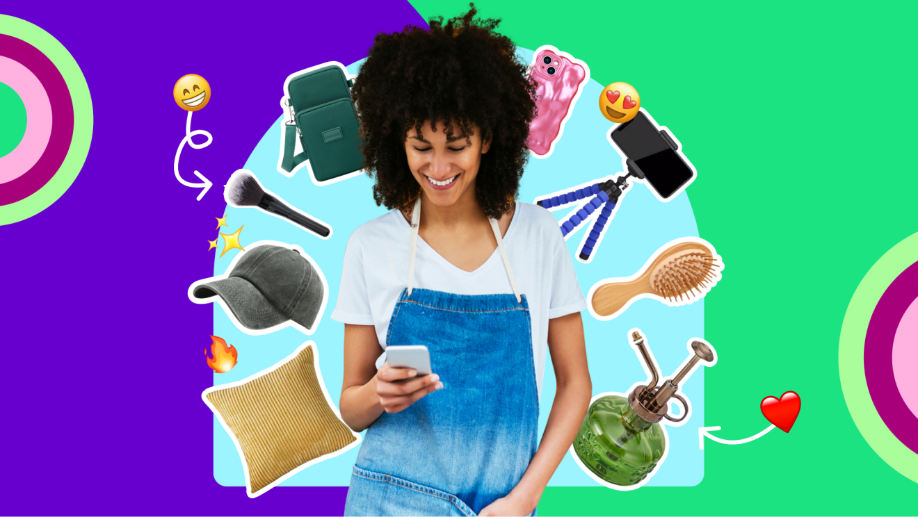 Smiling woman using smartphone, surrounded by lifestyle accessories and emoji icons
