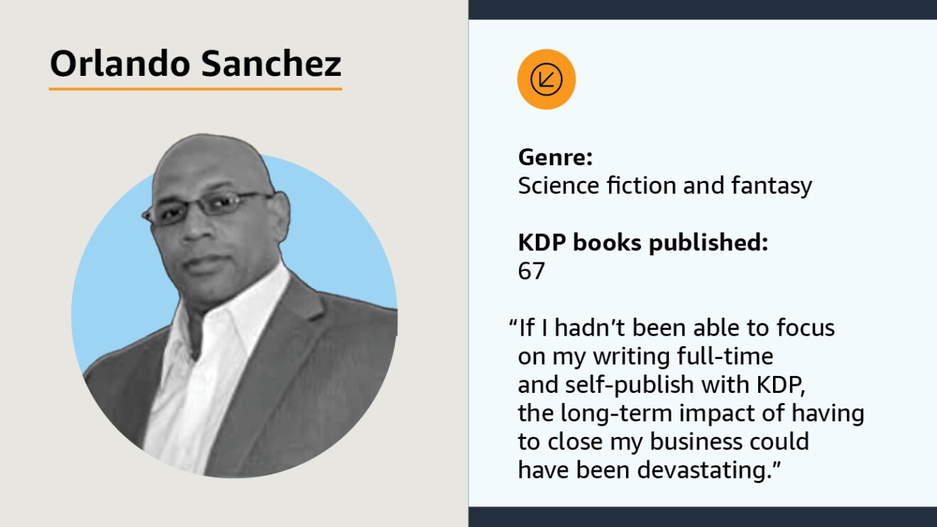 An illustrated card showing Orlando's headshot image and information about him. The text on the card says: "Name: Orlando Sanchez
Genre: Science fiction and fantasy
KDP books published: 67
"If I hadnât been able to focus on my writing full-time and self-publish with KDP, the long-term impact of having to close my business could have been devastating.â