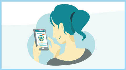 The illustration shows a woman scrolling Amazon on her mobile