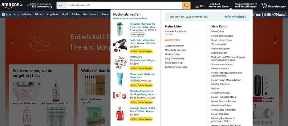 Screenshots von Amazon Wishlist einstellungen