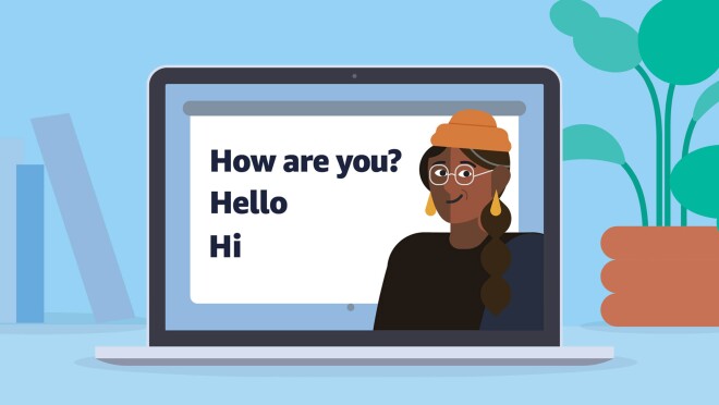 笔记本电脑设备的插图显示投影仪屏幕前的一个人,哪个州,“你好吗?”、“Hello”和“嗨”。