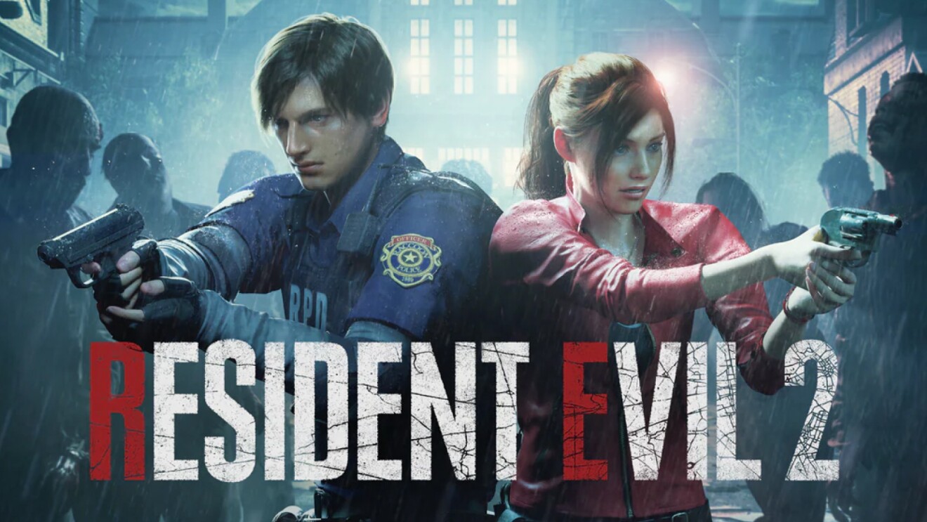 Resident Evil 2 title page with main characters surrounded by enemies