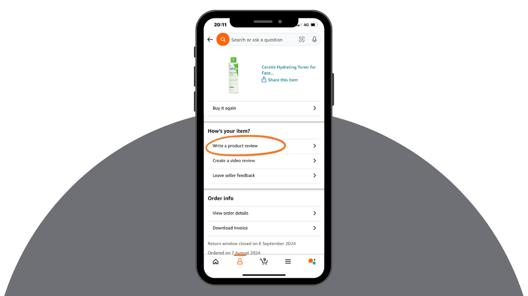 screen showing how to write an Amazon review on the mobile app