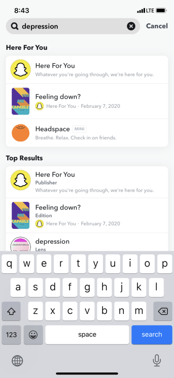 A screenshot of a search for "depression" on Snapchat that provides results with coping resources from their new "Here For You" feature.