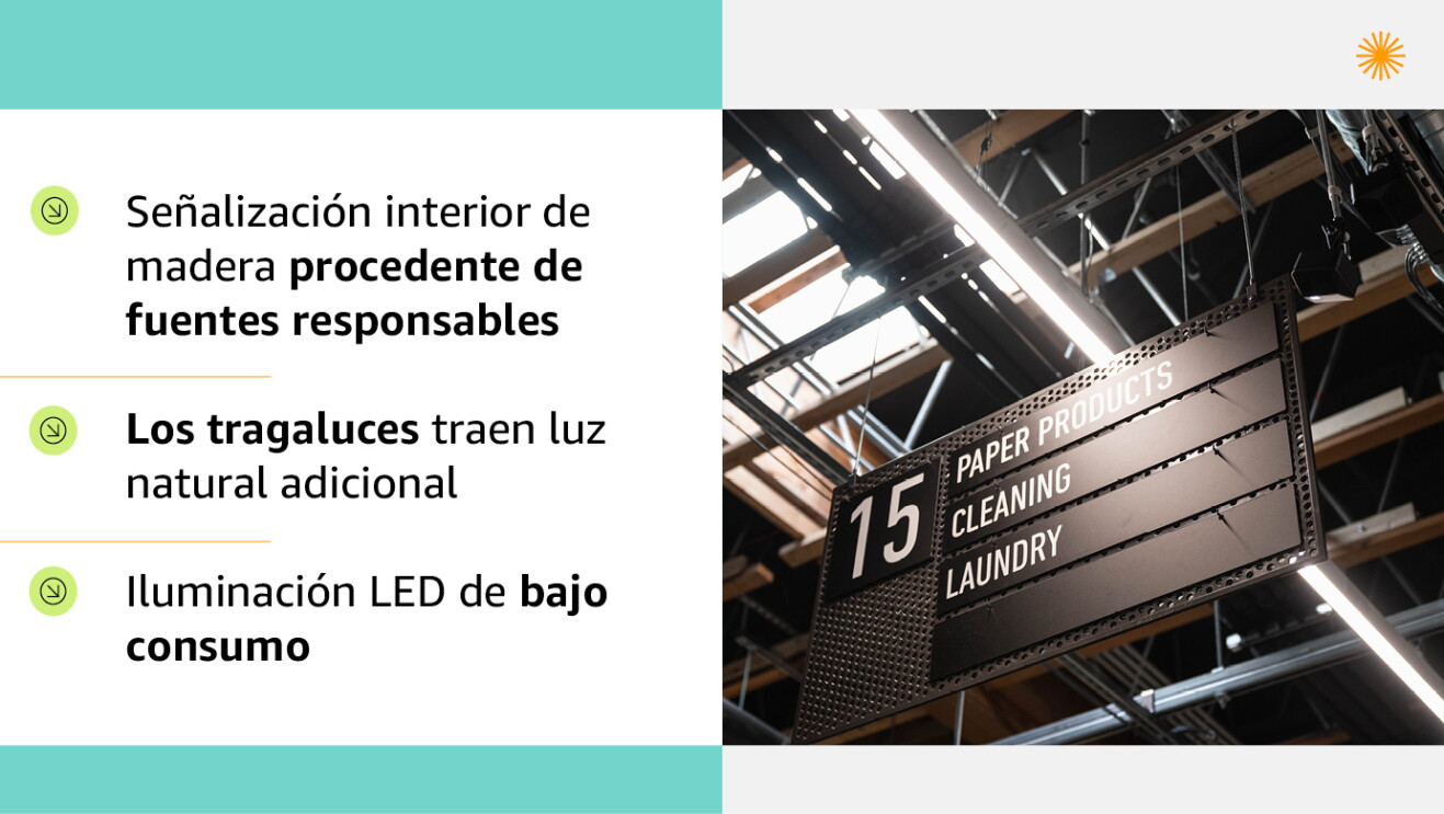 Señalización interior de madera procedente de fuentes responsables
Los tragaluces traen luz natural adicional
Iluminación LED de bajo consumo*