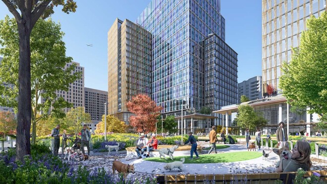 图为位于弗吉尼亚州阿灵顿的亚马逊第二总部办公楼前的狗狗公园。