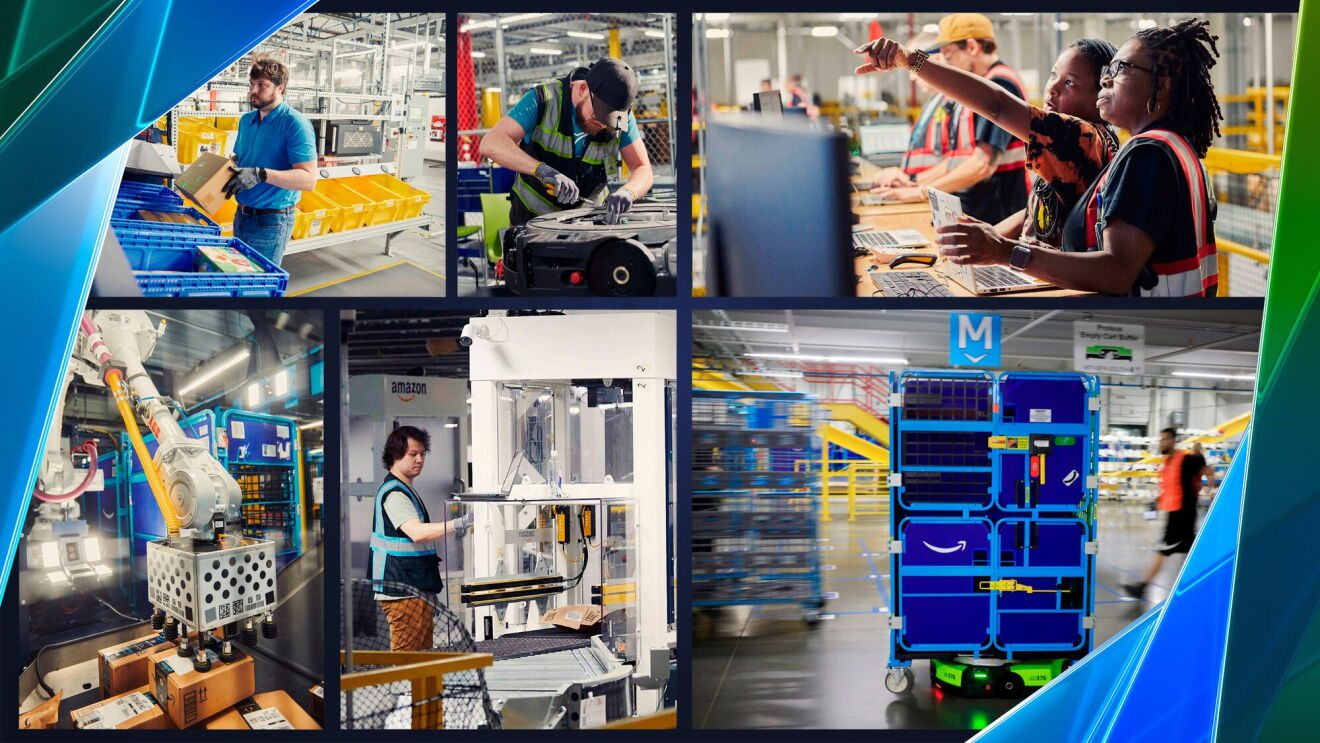 Images of Amazon employees working with robots at an Amazon fulfillment center in Shreveport, Louisiana.