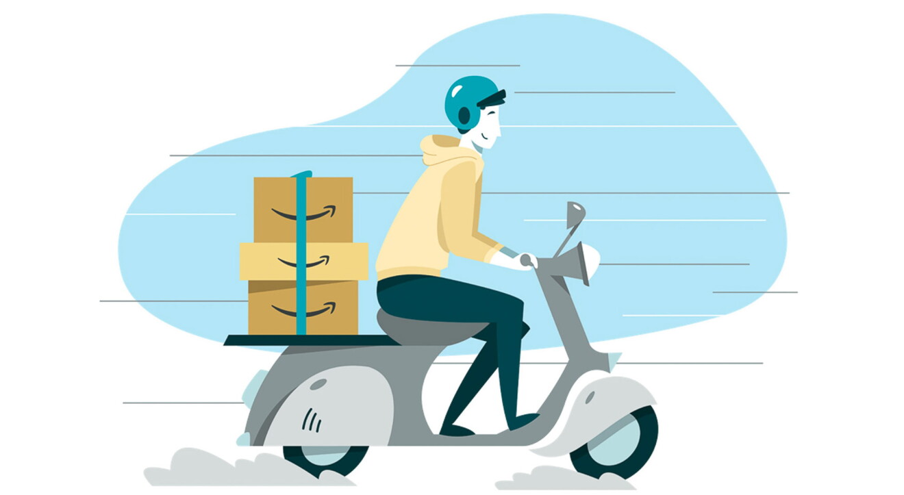 スクーターの荷台にAmazonの段ボールを積み、楽しそうに走っている男性のイラスト
