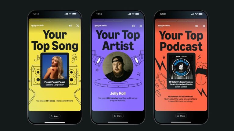 Amazon Music app showing personalized top song, artist, and podcast