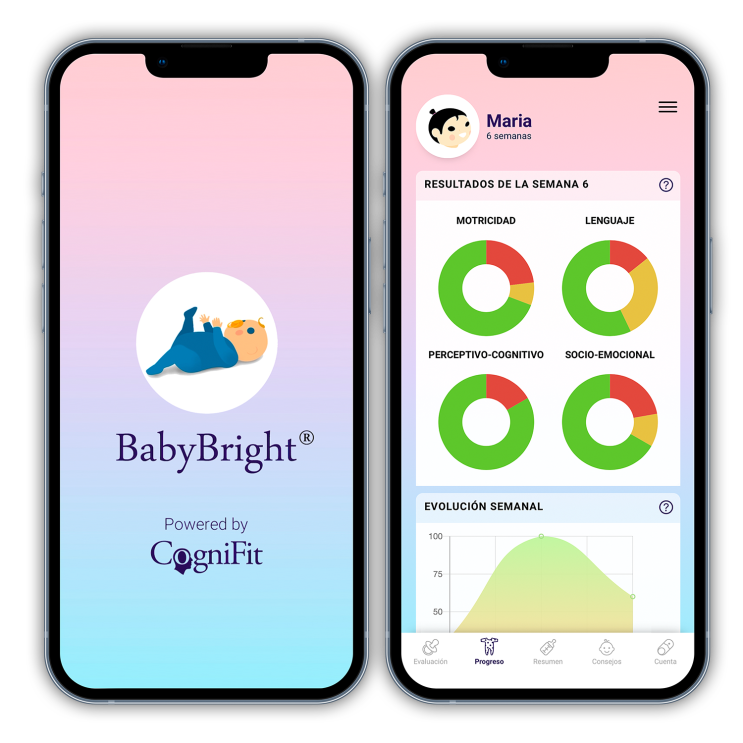 Dibujo de dos teléfonos, uno conel logo de BabyBright de CogniFit y otra pantalla con el programa de la evolución del bebé.