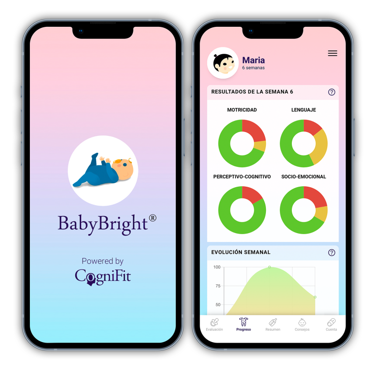 Dibujo de dos teléfonos, uno conel logo de BabyBright de CogniFit y otra pantalla con el programa de la evolución del bebé. 
