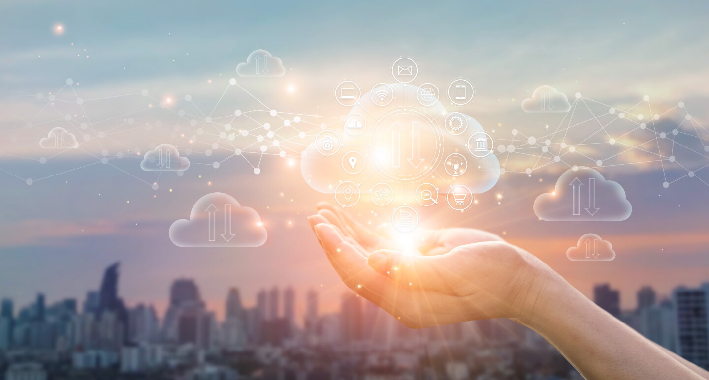 Cloud Computing Concept. Hands in the sky. Cloud computing.