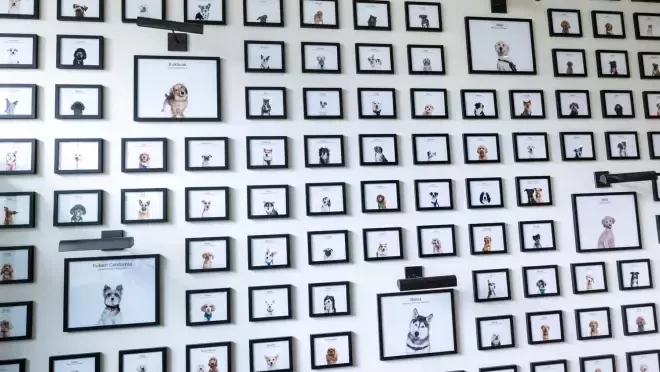 たくさんの犬の写真が壁に掛けられている。