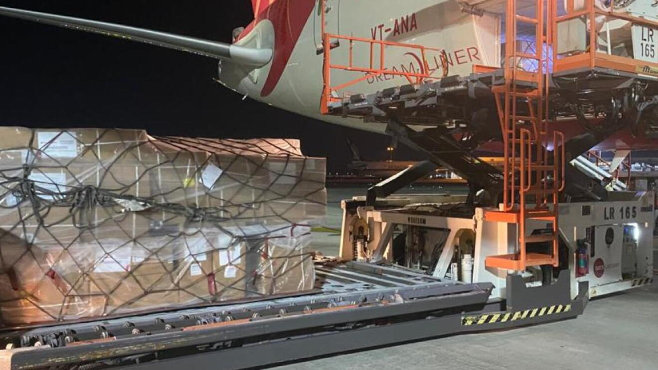 A cargo plane is loaded up with supplies for Mission Vayu