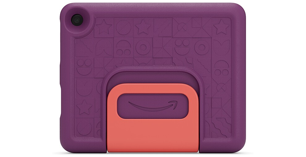 紫色のタブレットの背面。左上隅にカメラレンズの穴。中央にAmazonロゴ。
