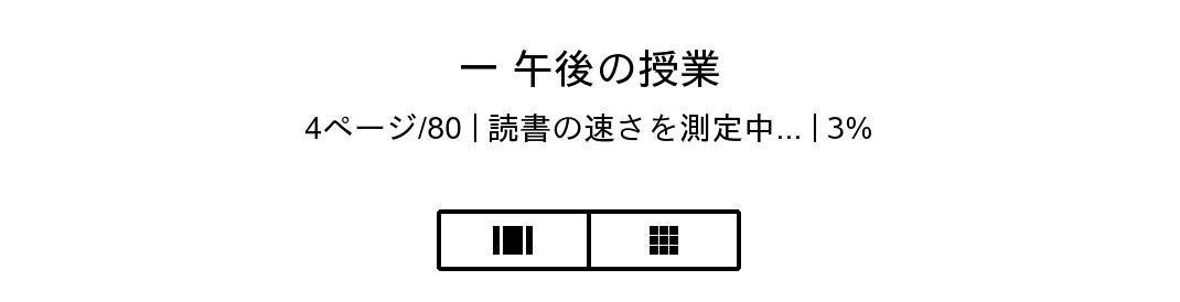 KindleのPage Flipツールバーの画像。「ー午後の授業」と大きく中央にあり、その下に「80分の1ページ、読書の速さを測定中」といった表示がある。