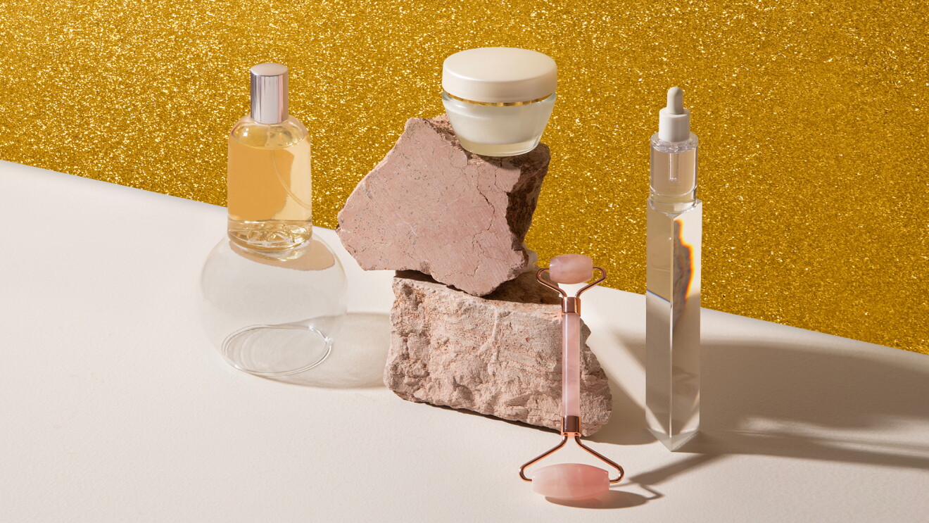 Beauty products on a festive background