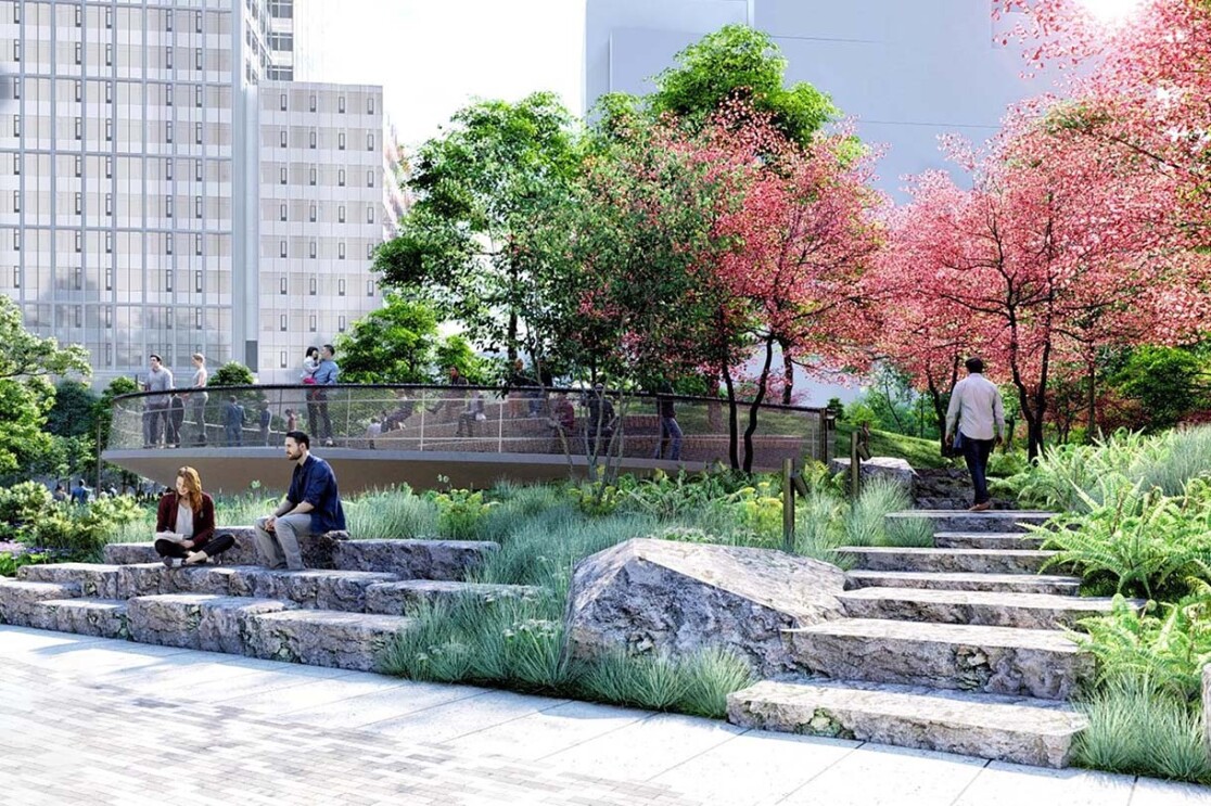 Image renderings showing the Met Park at Amazon's second headquarters in Arlington, Virginia.