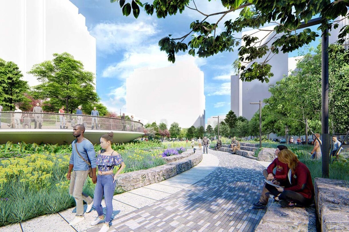 Image renderings showing the Met Park at Amazon's second headquarters in Arlington, Virginia.