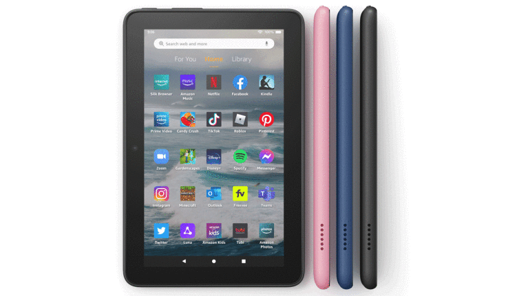 An image of a Fire 7 tablet screen with various apps on the screen. Next to it you can see three different colors of the tablet.