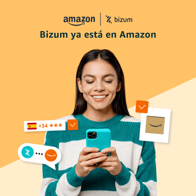 Bizum ya esta en Amazon: una mujer con un teléfono móbil comprando. 