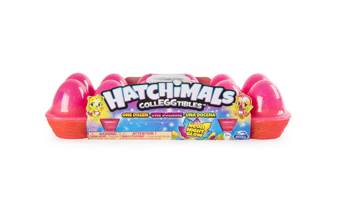12-pack Hatchimal CollEGGtibles egg carton with a dozen season 4 Hatchimals in vibrant neon colors.