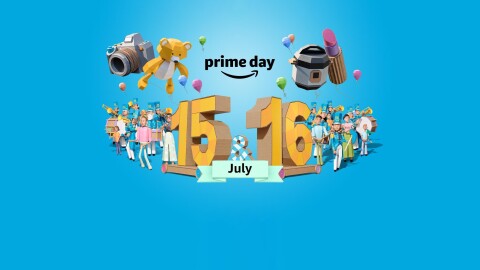 Illustration of cardboard cutouts on a blue background celebrating Amazon's worldwide two-day parade of deals, Prime Day, on July 15 & 16, 2019.