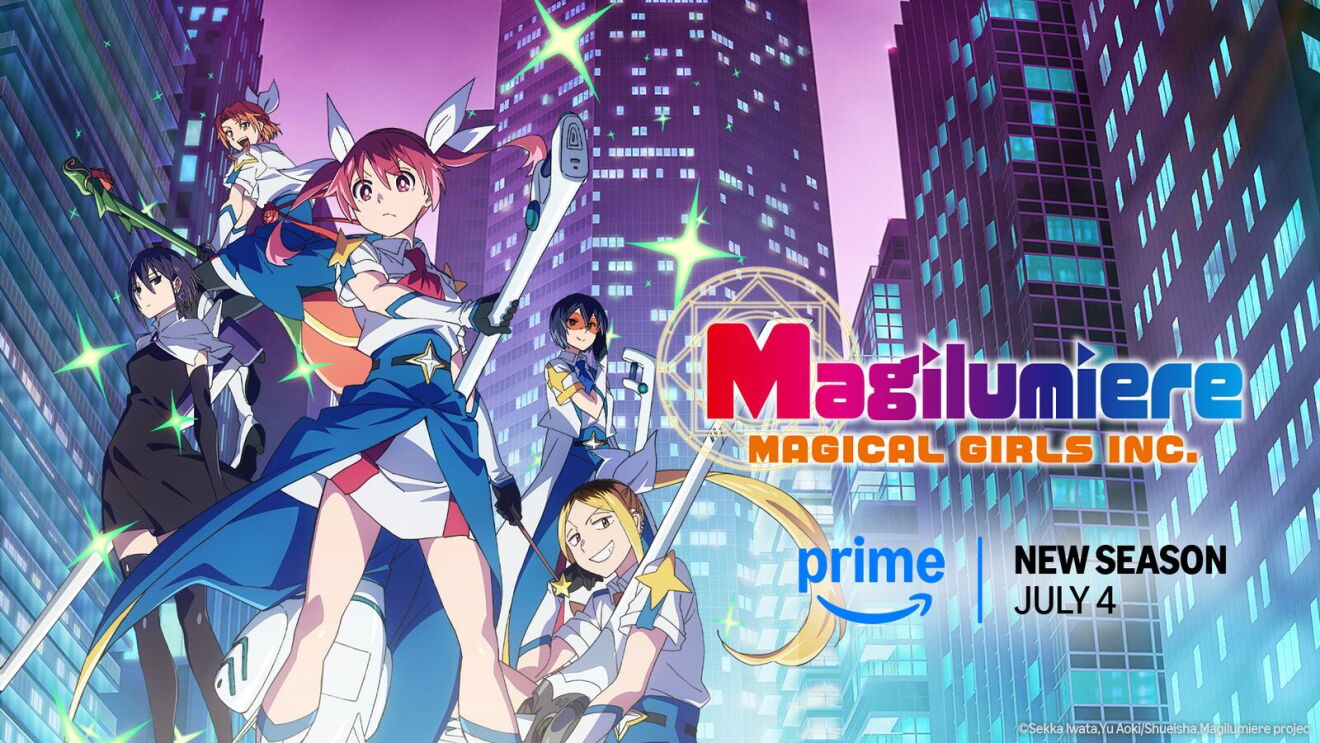 'Magilumiere Magical Girls Inc.' anime promotional art featuring five characters in urban setting, new season July 4 on Prime