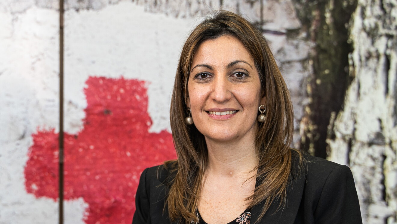Olga Díaz, subdirectora de Inclusión Social de Cruz Roja. Con un vestido negro estampado con flores rosas, y una americana también negra. el pelo castaño liso por el hombro y unos pendientes con una perla colgando. Está  mirando a cámara y de fondo un cuadro de Cruz Roja con su logo. 