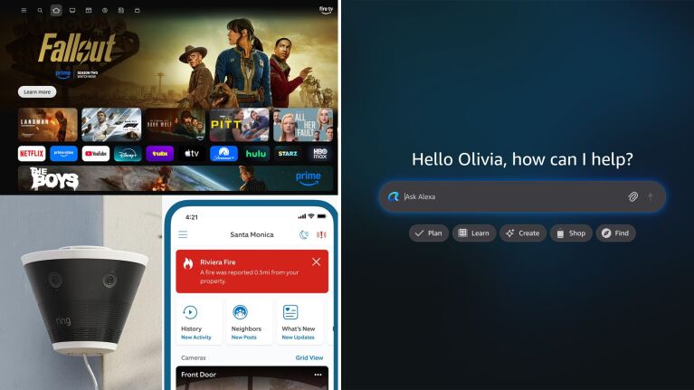 Smart home ecosystem showing streaming services, Alexa interface, and Ring security app